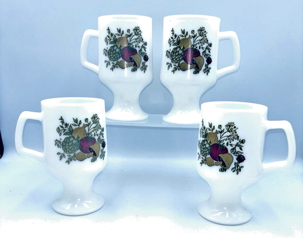 4 Vtg Milk Glass Pedestal Mugs Mushroom Vegetables Corning Ware Spice of Life